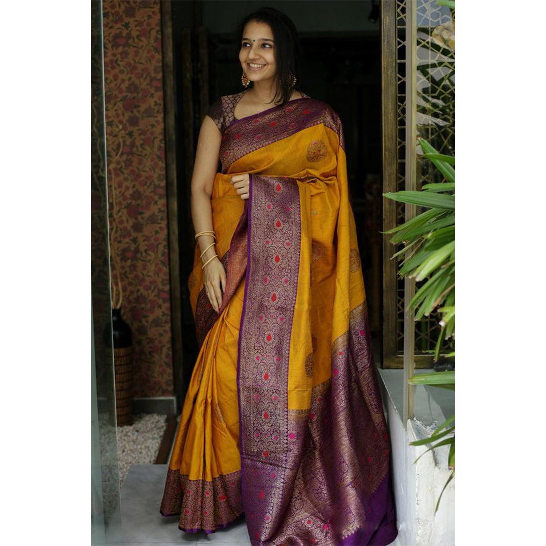 Purple And Yellow Banarasi Silk Saree